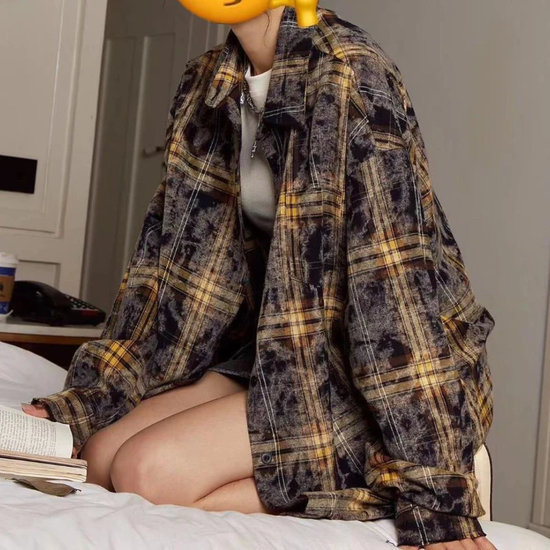 

Tie-dyed Plaid Blouse Women Shirt Street Harajuku Hip Hop Retro Long Sleeve Women Tops Loose Casual Shirts for Women