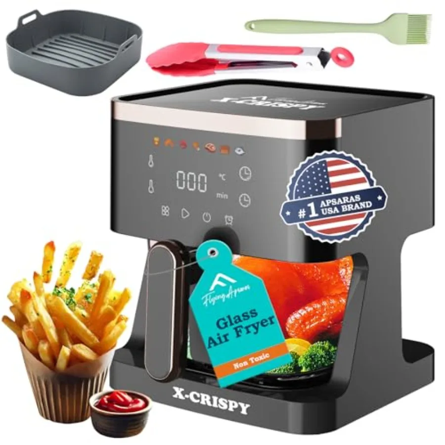 

Аэрофритюрница-конвекционная печь APSARAS USA 5.2QT со стеклянной прозрачной чашей для приготовления креветок, стейков, картофеля фри, куриных крылышек, не из пластика
