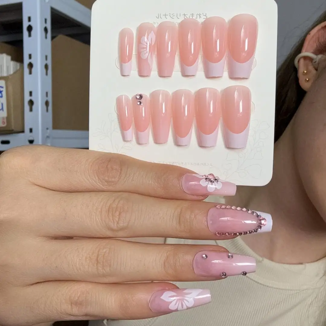 24pcs/box Super Long Ballet False Nails Set Transparent Pink Acrylic Press on Nail Sticker for Nails Art with Diamonds Fake Nail