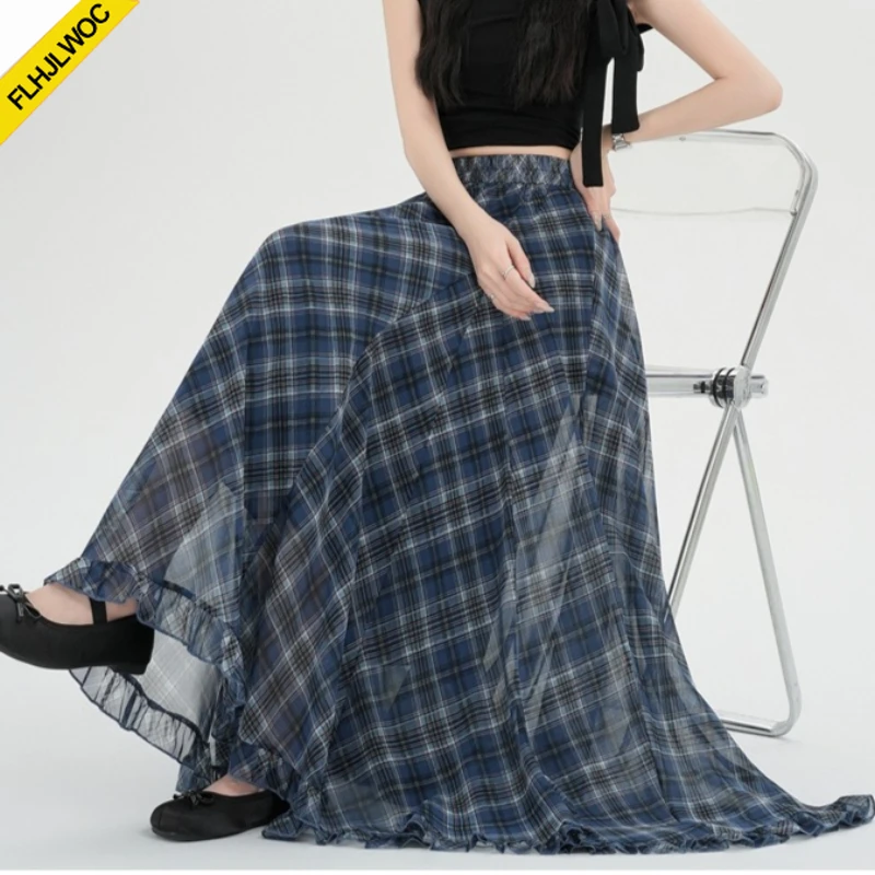 Checkered Skirts New Fashion 2026 Woman Cute Sweet Girls Japan Preppy Style Ruffles Irregular Hem Retro Vintage Long Plaid Skirt