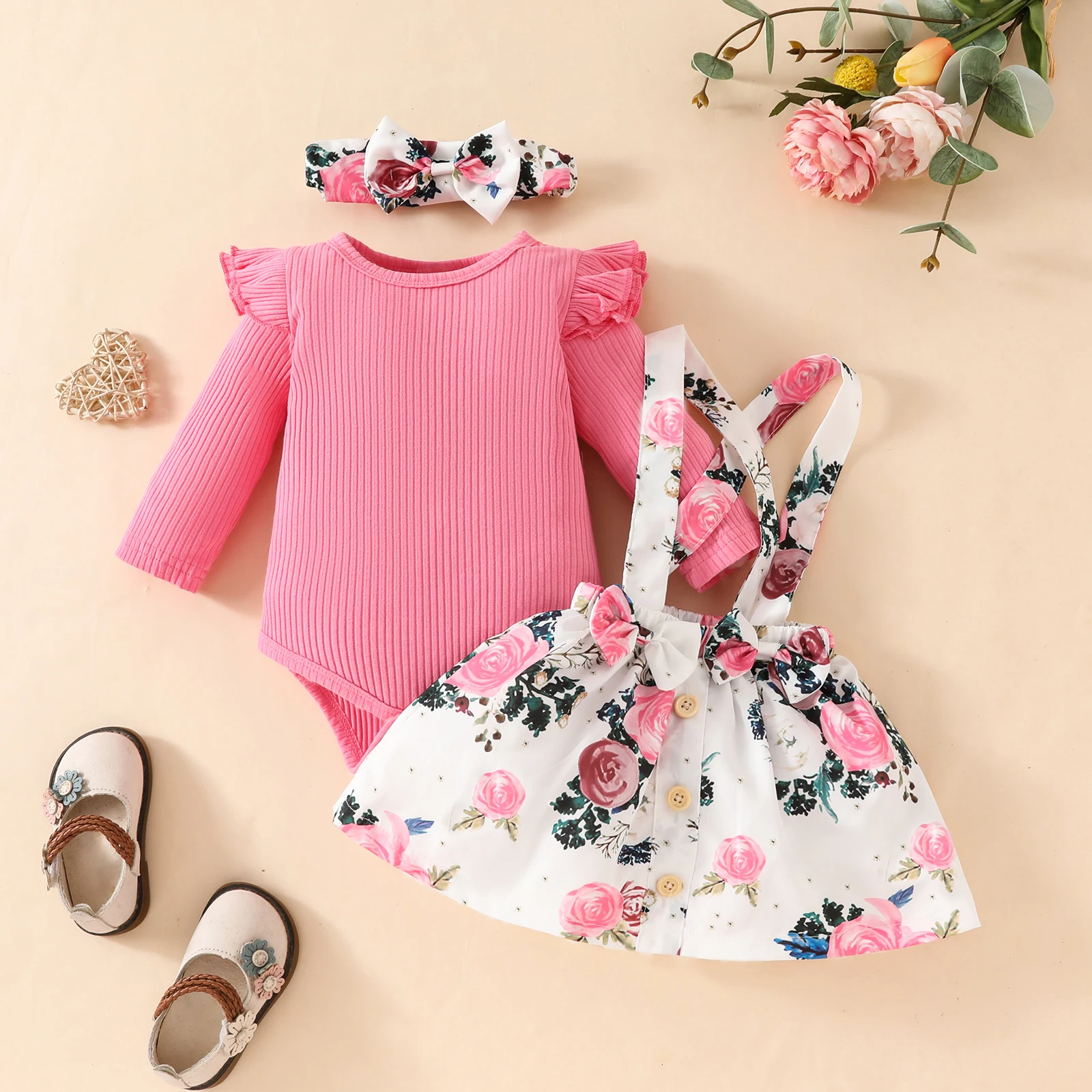 3Pcs baby girl sweet long sleeve top flower back skirt set Long sleeve triangle onesie + dress + headband Spring and Autumn set