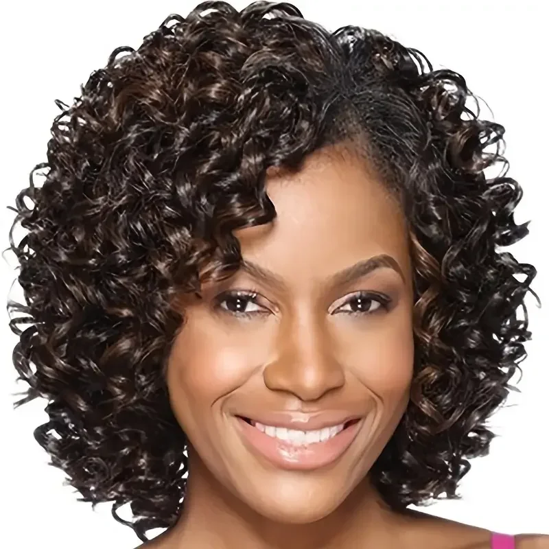 Ombre Brown 70s Afro Wigs for Women Short Curly Wigs with Side Bangs Synthetic Kinky Wig Natural Hair African American Wigs