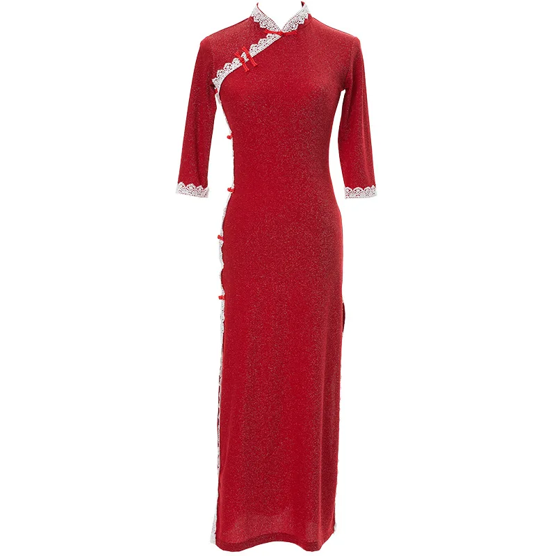 Fashion New Classical Dance Slimming Slit Lace Stand Collar Cheongsam Dress Chinese Improved Dance Costume for Women Elasticity