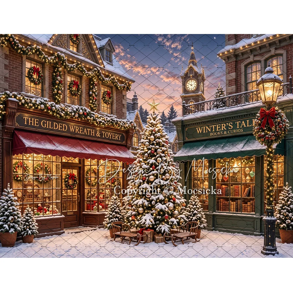 Mocsicka Christmas Corner Street Backdrop Photography Snowy Night Xmas Gift Shop Background Family Winter Xmas Outdoor Photo