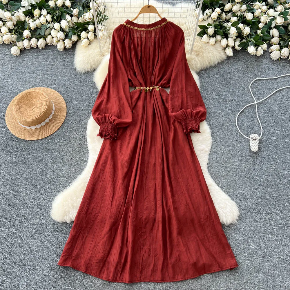 Schickes Vintage-O-Ausschnitt-Schnürkleid, elegante Fee, koreanische Mode, Boho-Sommerkleid, Damenbekleidung, langes Kleid