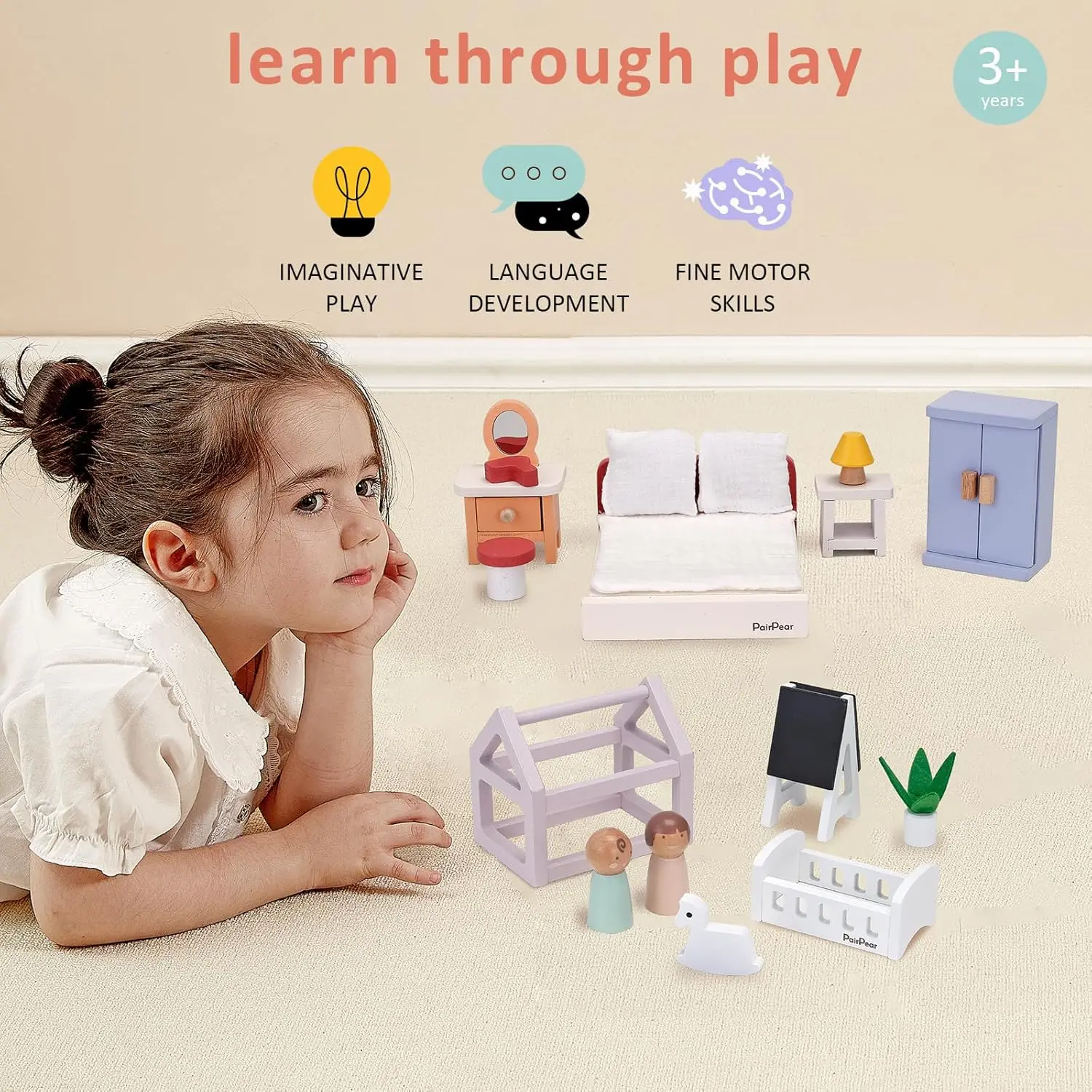 Juego de muebles para casa de muñecas de madera, muebles para muñecas de 56 piezas con 5 kits de habitaciones, dedos de juego, muebles en miniatura para casa de muñecas, Pl de simulación