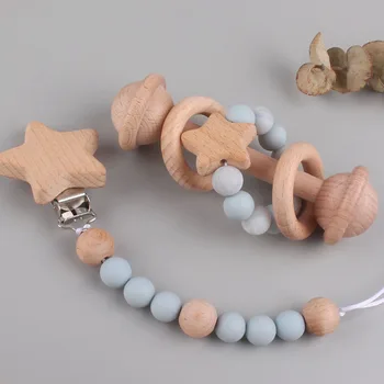 ブナ材の赤ちゃんのおしゃぶりチェーン,子供のおもちゃ,ガラガラの歯が生えるリング,赤ちゃんの星のおしゃぶり,クリップホルダー,シリコンニップルチェーン,2個