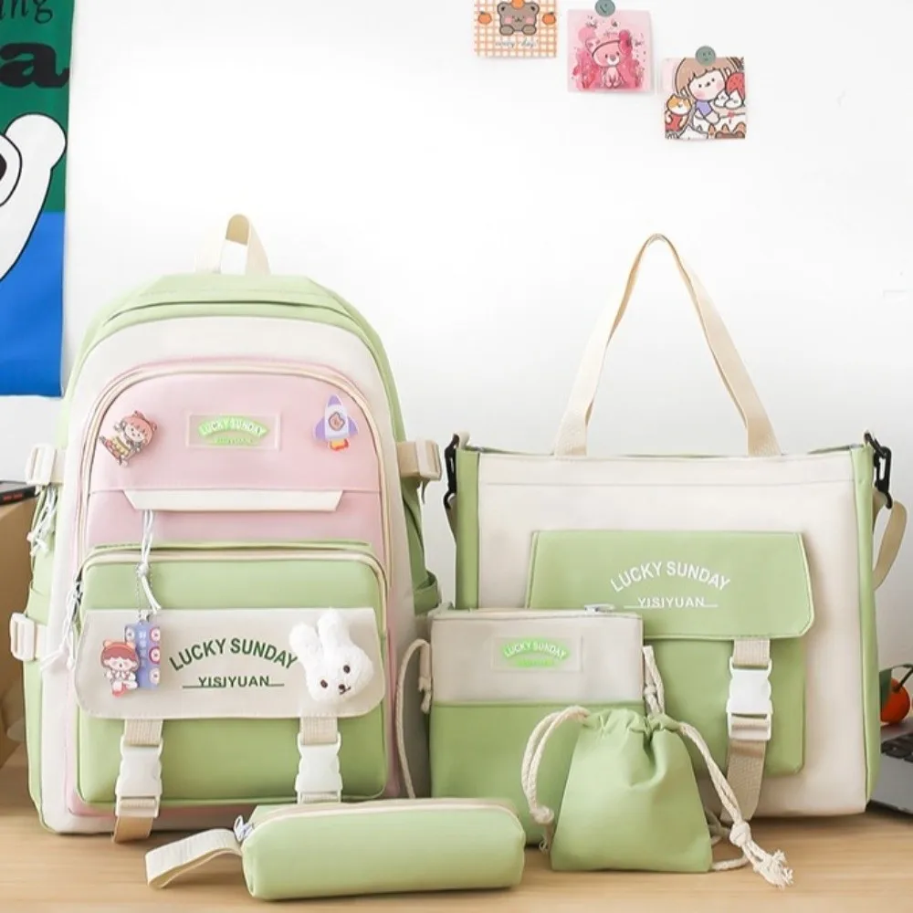 5 Pcs New Large Capacity Backpack Set Multifunctional Breathable Student Schoolbag Buckle Coin Purse College