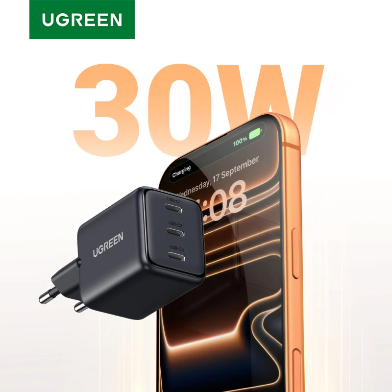 

Зарядное устройство UGREEN 30W GaN PD 3.0 UFSC PPS для iPhone 17 16 15 Pro Max, Samsung S25, Xiaomi, планшетов, iPad Air Pro 3, USB-C зарядка для телефонов