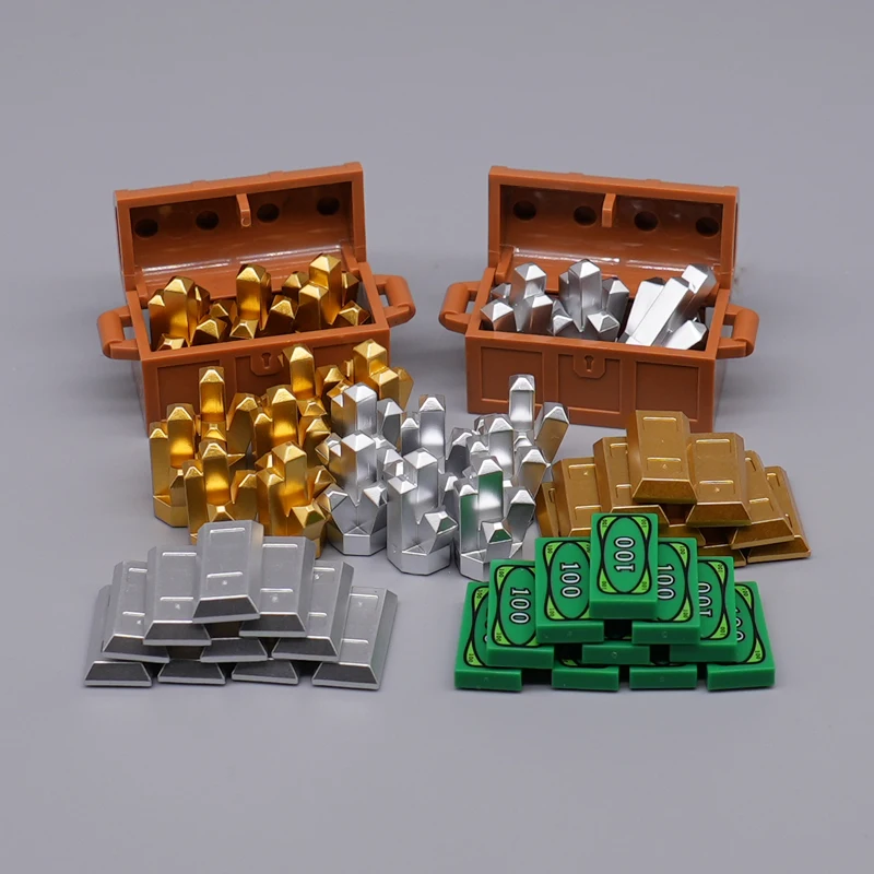 MOC Creative Building Blocks Dollar Cents Money Coins Cash Bill City Gold Silver Treasure Chests Bricks 3069 30385 Printed Tile