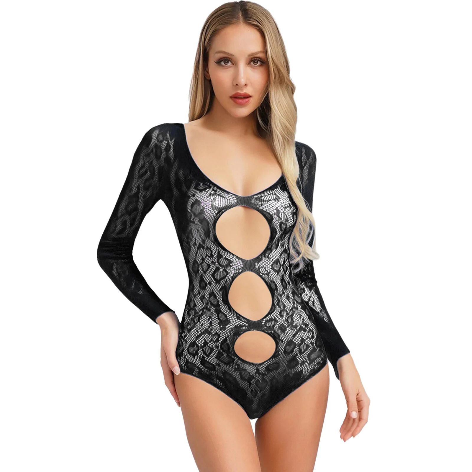 

Womens See Through Fishnet Bodysuit Solid V Neck Long Sleeve Cut Out Leotard Stretchy Bathing Suit Cover Up One Piece Clubwear