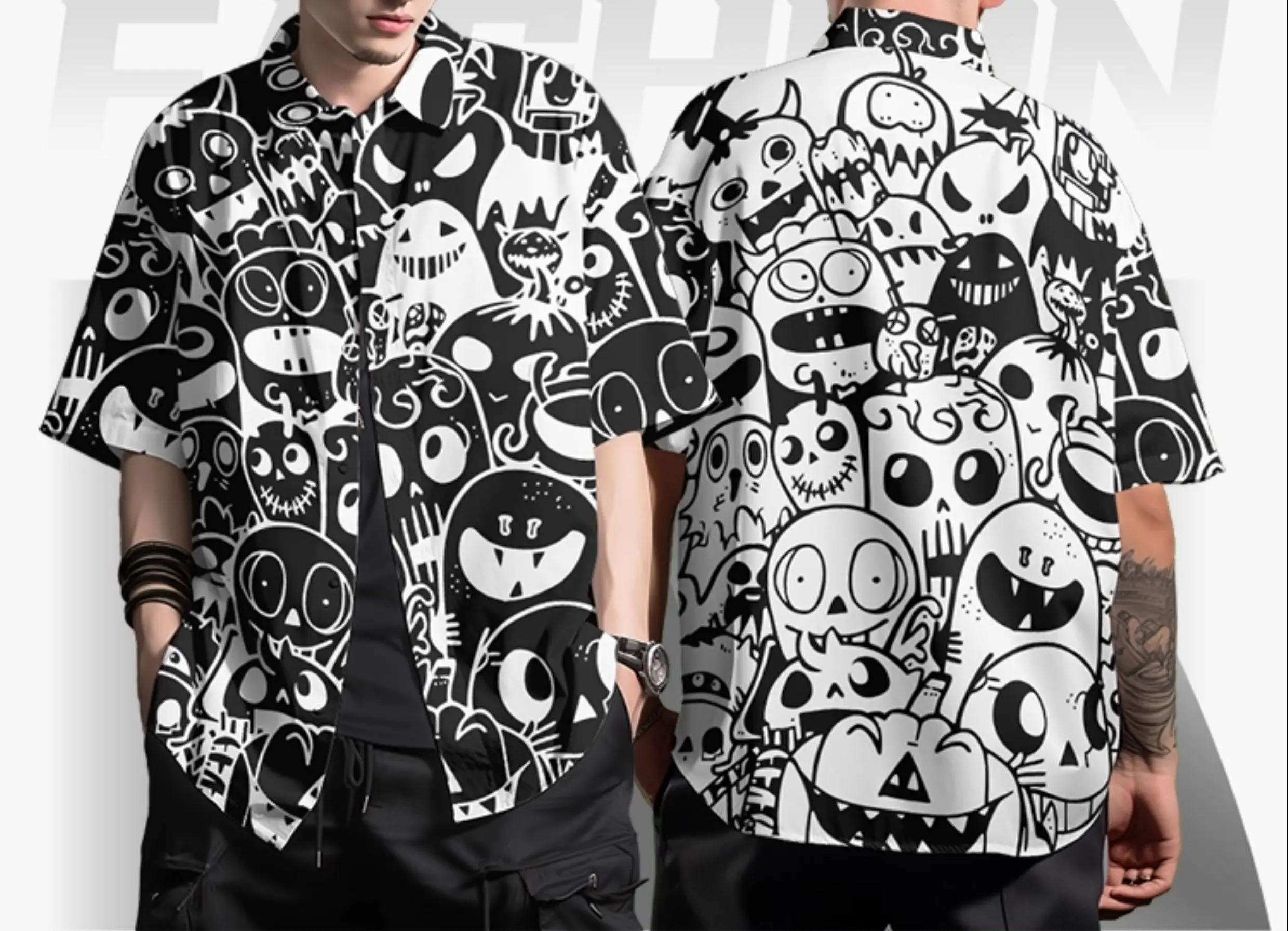 

Men's Summer Trendy Black-and-White Funny Printed Loose Casual Short-Sleeve Shirts