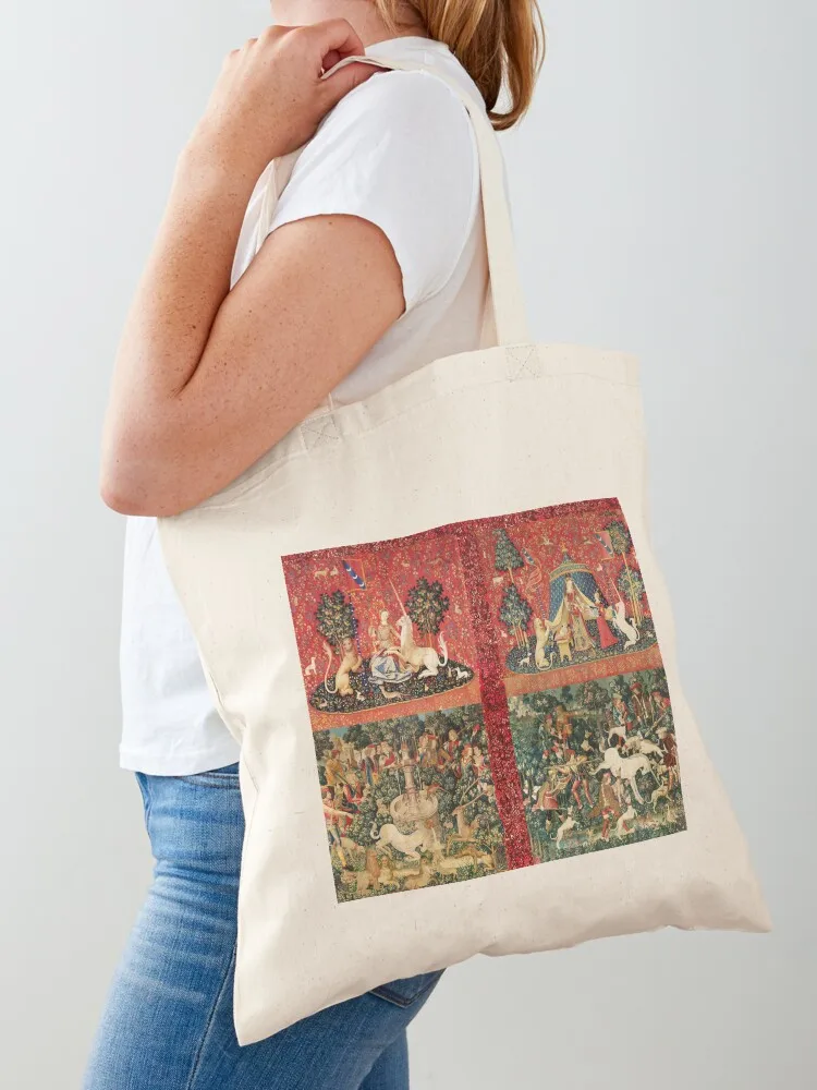 

FOUR LADY AND UNICORN STORIES ,Fantasy Flowers,Animals, Red Green Floral Collection Tote Bag Portable shopping bag