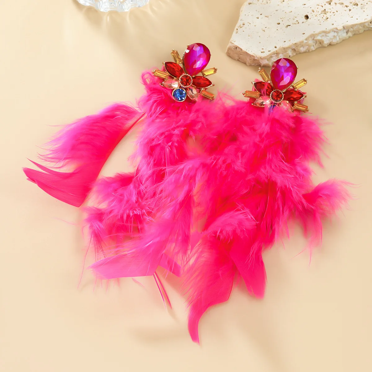 Big Statement Luxury Fuchsia Earrings Pink/Green Color Feather Long Tassel Women Creative Crystal Earrings