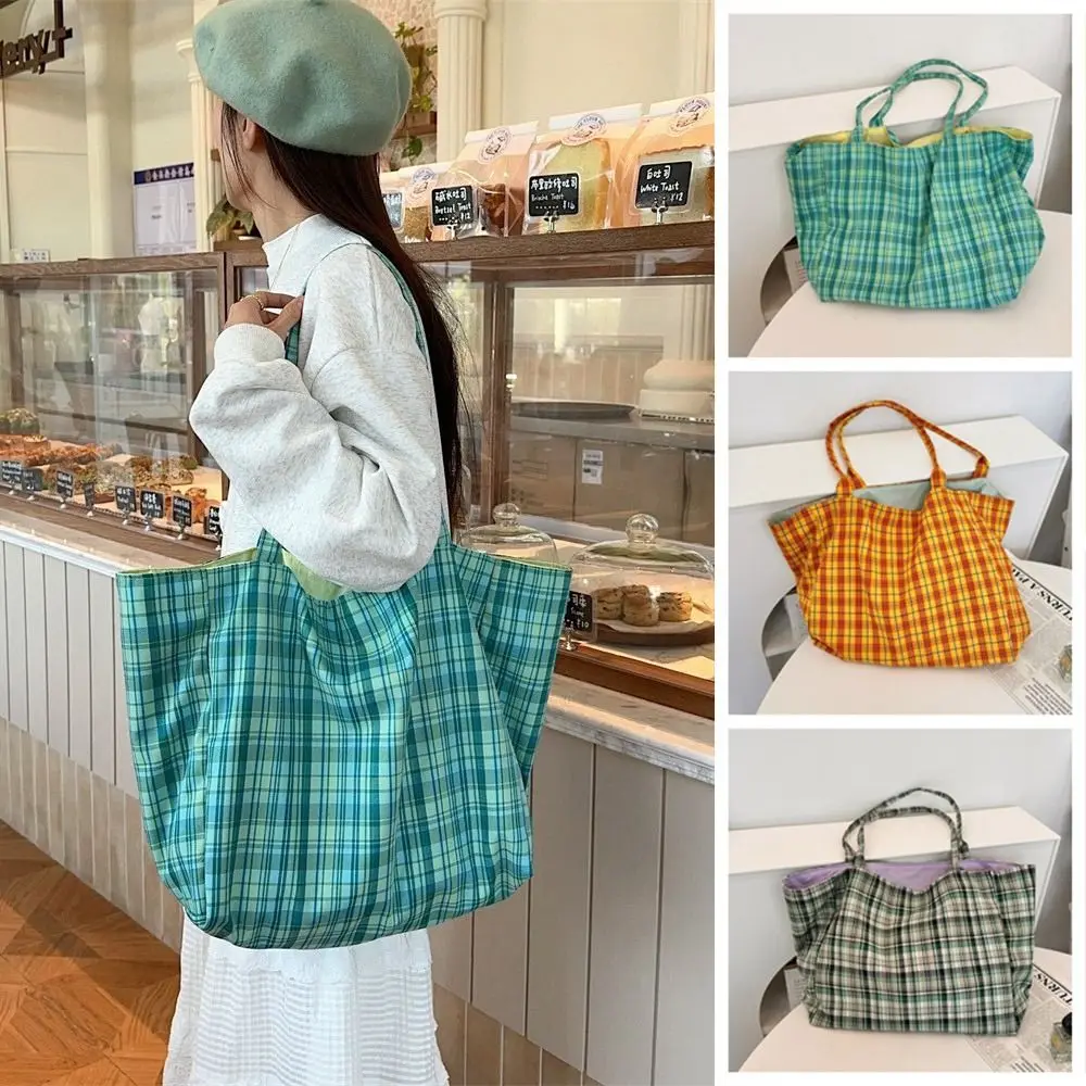 

Ins Korean Style Plaid Shoulder Bag Travel Shopping Canvas Tote Bag Large Capacity Double-sided Women Handbag Girls
