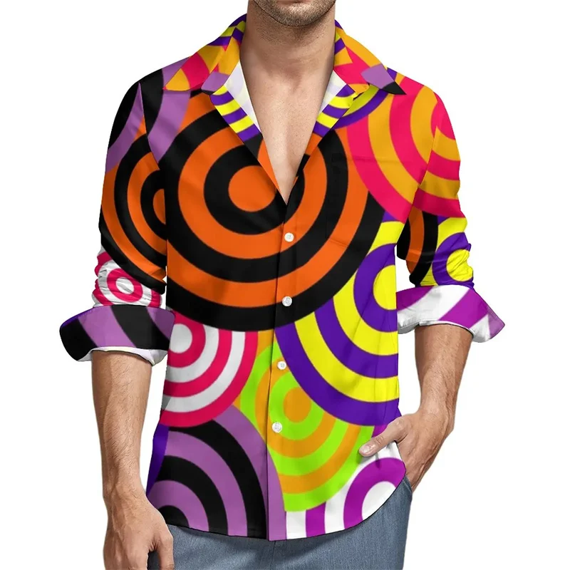 Harajuku masculino com padrão 3D de cores estampado camisa de manga comprida, camisa de rua, top legal, outono, inverno, 2024