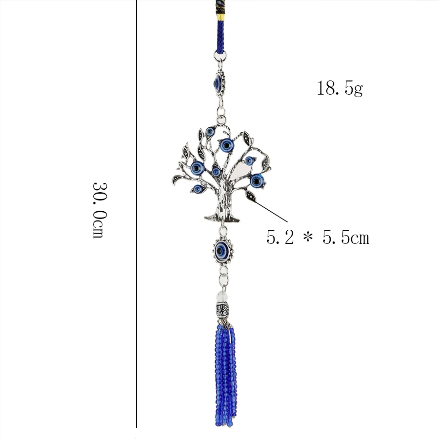 Alloy Cross Fatima Palm Tree Charm with Lucky Turkish Blue Eyes Tassel Amulet Pendant for Car Rearview Mirror Decor Jewelry Gift