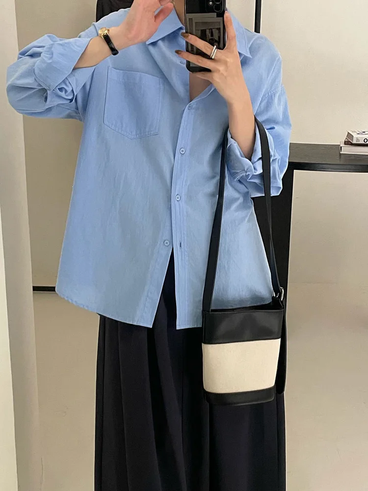 ของแข็งสีหลวม Basic เสื้อผ้าฝ้ายอเนกประสงค์สี Oversize Casual สำนักงานสุภาพสตรีเสื้อแขนยาวฤดูใบไม้ร่วง