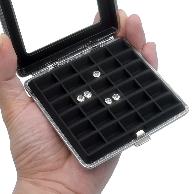 Push Soft Silicone Pad Transparent Glass Gem Box Grid Ring Surface Display Case Metal Bare Stone Container Black