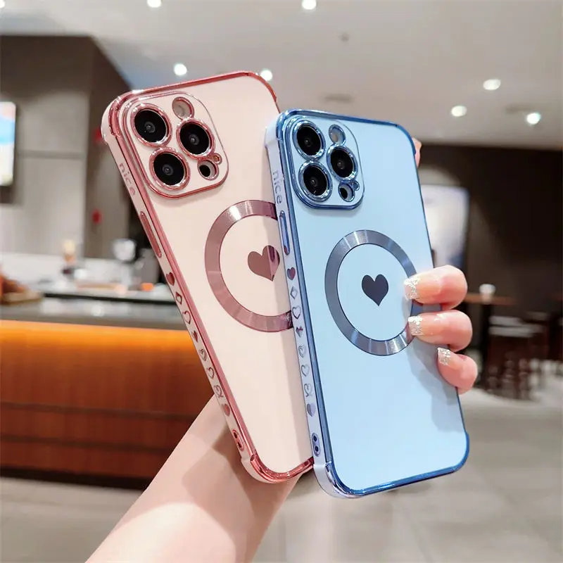 Fashion Plating Love Heart Side Printing Soft Case for iPhone 15 14 13 12 11 Pro Max Wireless Charging Magnetic Magsafes Cover