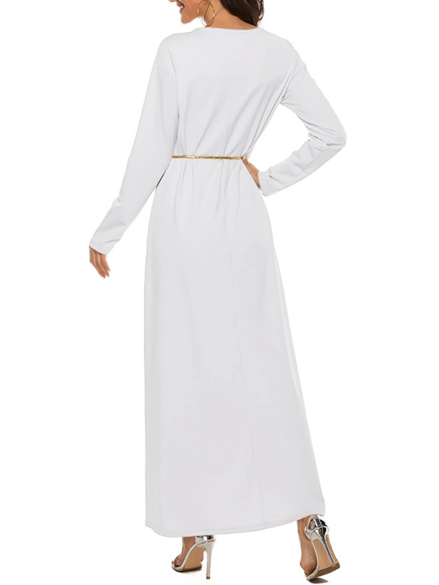 Womens Solid Color Islamic Arabian Dress Round Neck Long Sleeve Muslim Prayer Long Robes Loose Basic Dress for Casual Wear