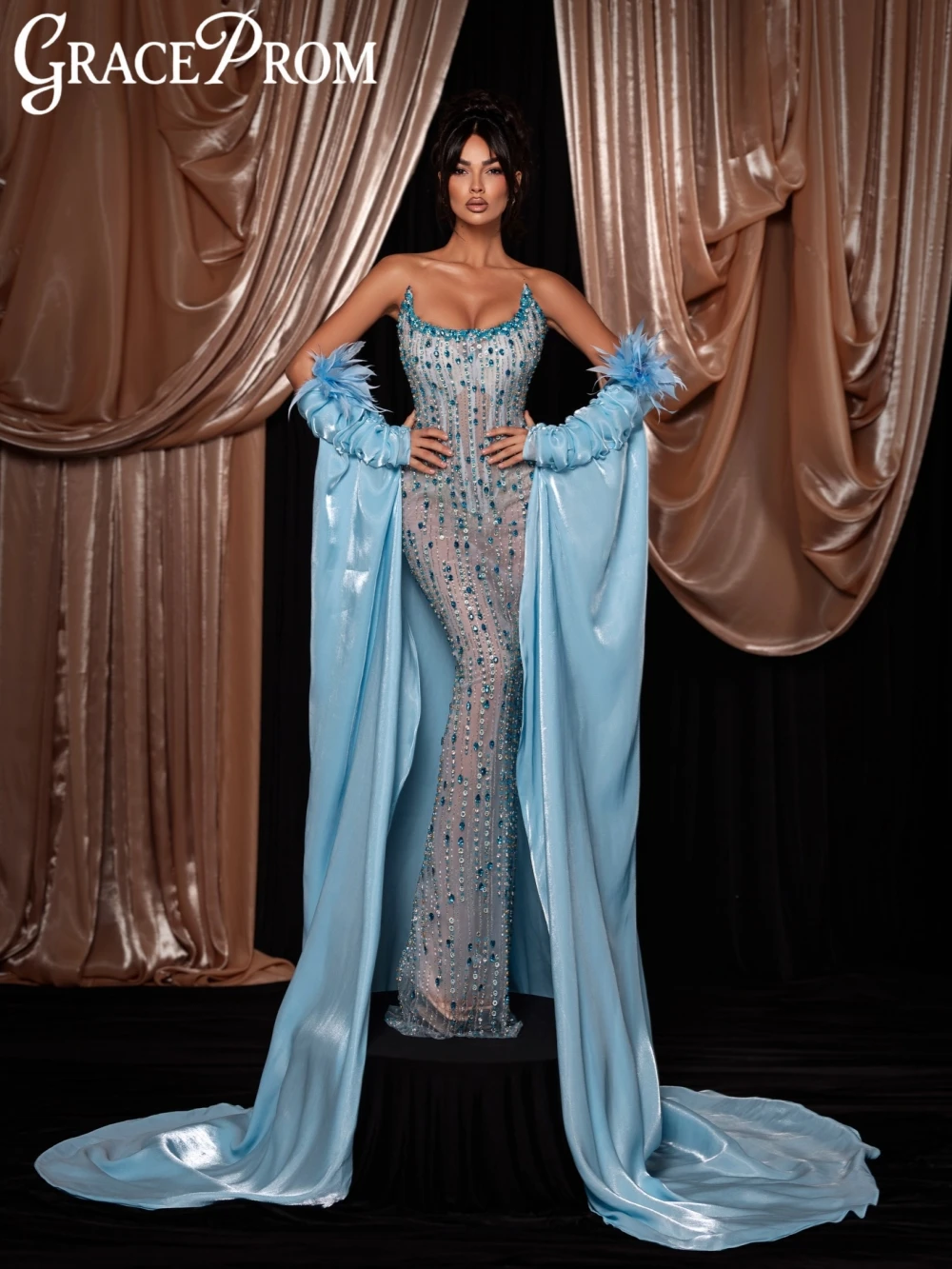 

Синее роскошное длинное вечернее платье с кристаллами и накидкой, иллюзия, без бретелек, свадебное платье, новые платья для выпускного вечера по индивидуальному заказу