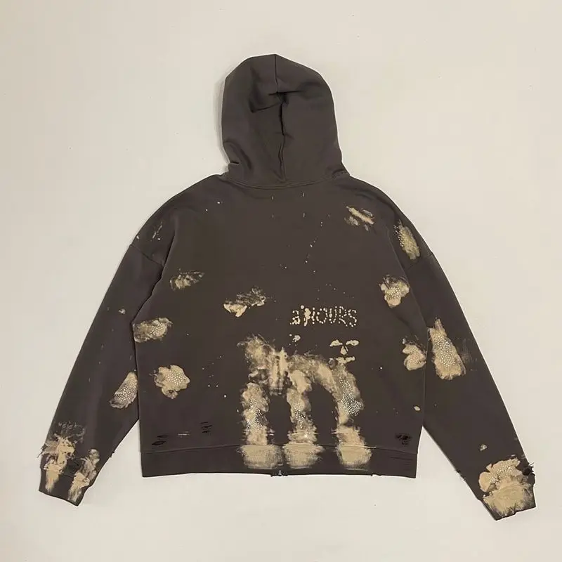 Play Hollywood retro American distressed splash-ink print hoodie, trendy zip-up sweatshirt for men loose streetwear.