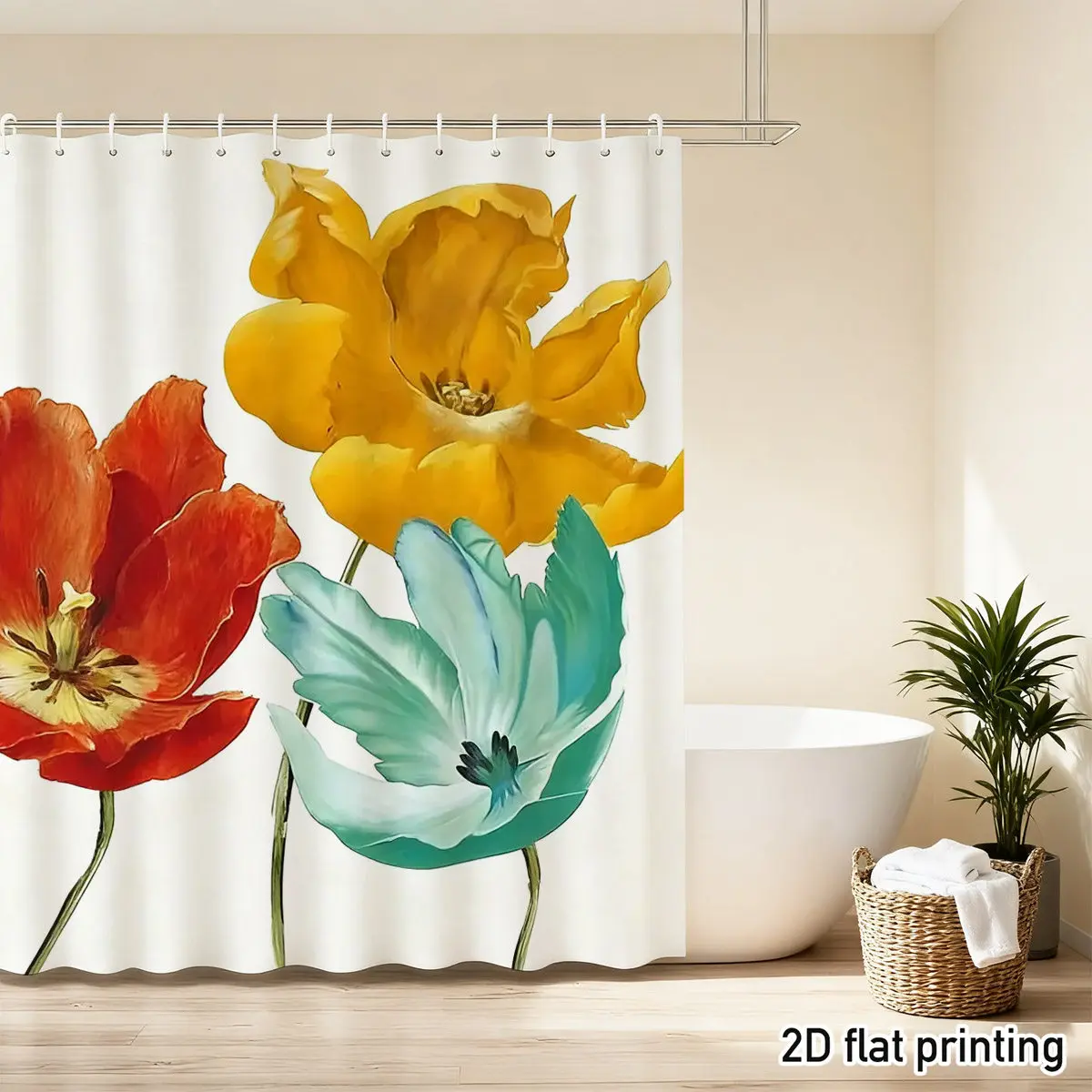 Vibrant Tulip Shower Curtain – Red, Yellow & Teal Flowers, Watercolor Style, 2D Flat Print, Polyester, 12 Hook Holes
