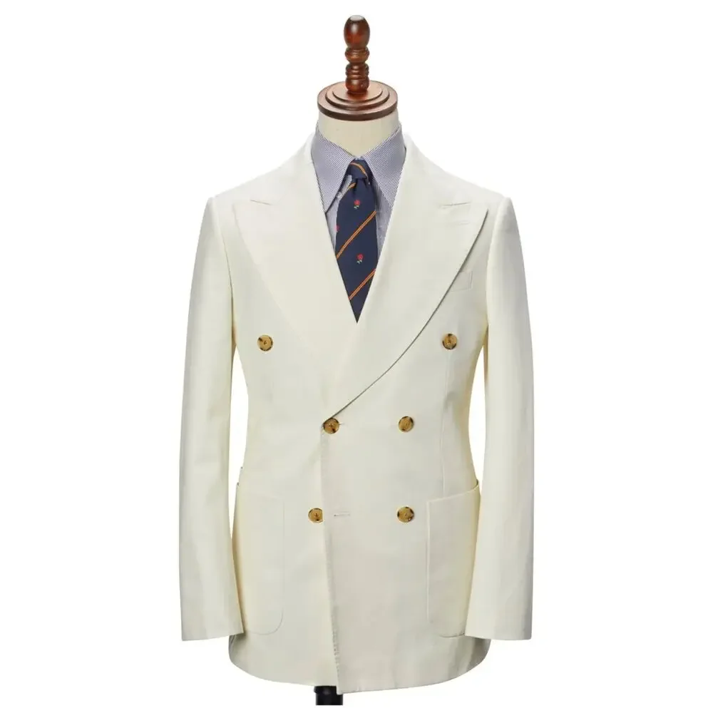

Luxury Mens Suits Slim Fit 2 Piece Set Wedding Man Blazers Party Prom New Ivory Gold Buttons Peak Lapel Double Breasted