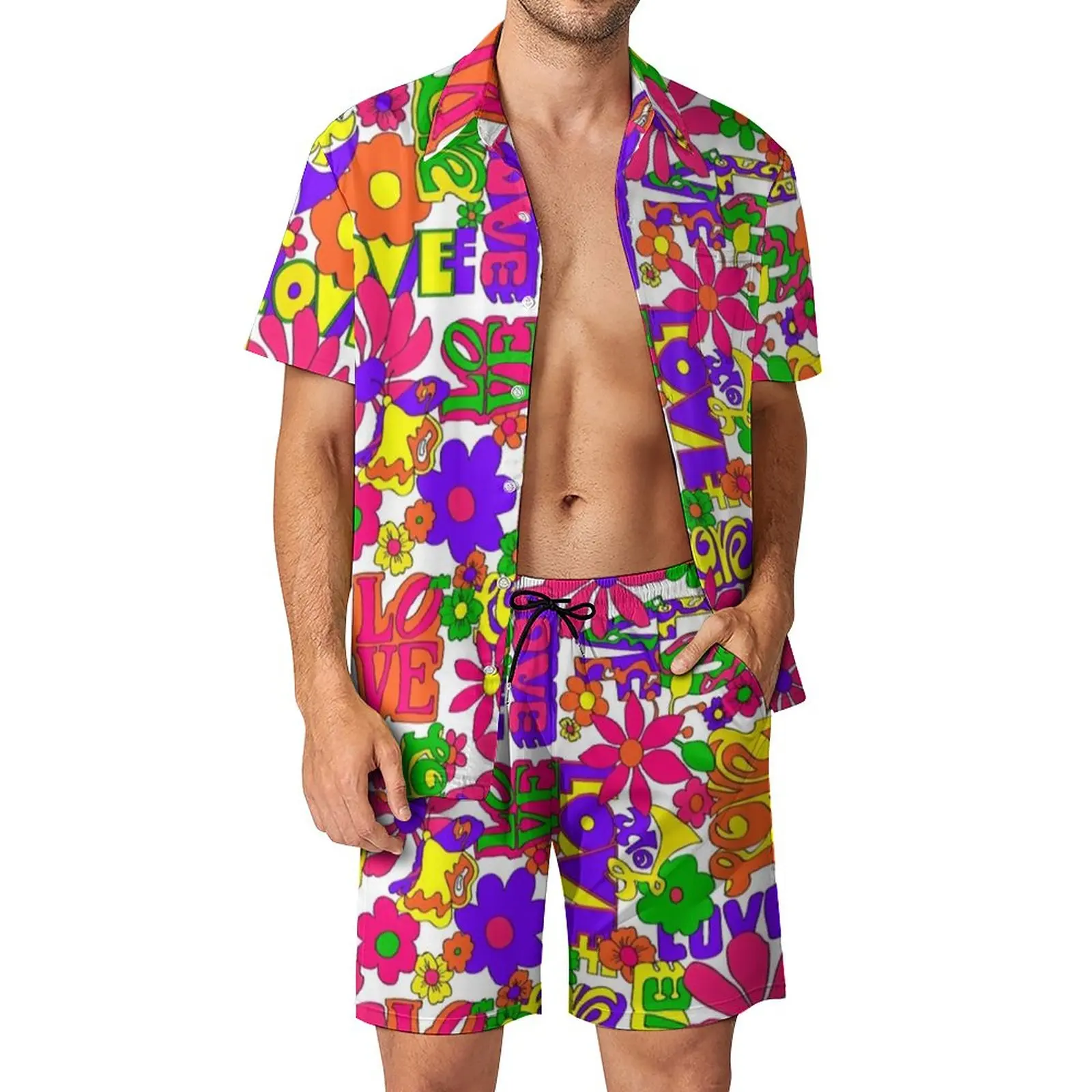 Flower Power Peace Men Sets Retro Hippy 70s Casual Shirt Set Trendy Beach Shorts Summer Graphic Suit 2 Piece Clothing Plus Size