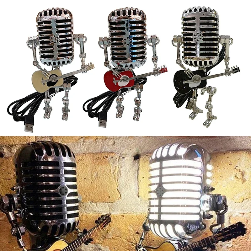 Microphone Table Lamp Vintage Metal Guitar Robot Night Lights Desk Creative Touch Dimmer LED Lamps for Home Decoration