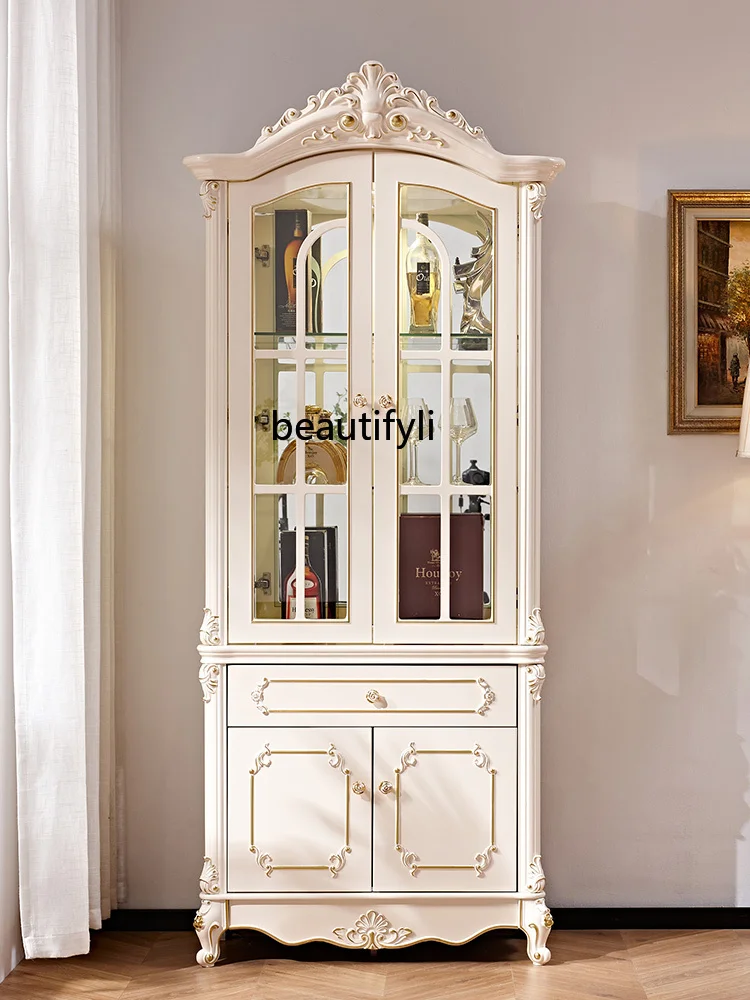 European-Style Single Door Wine Cabinet Living Room Wall Display Cabinet Curio  Carved Dining Cabinet White Glass