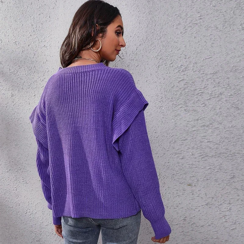 Women Fashion Long-sleeved Sweater Winter Long Sleeve Knitted Jumper Autumn New Solid Color Ruffles O Neck Pullover Streetwear