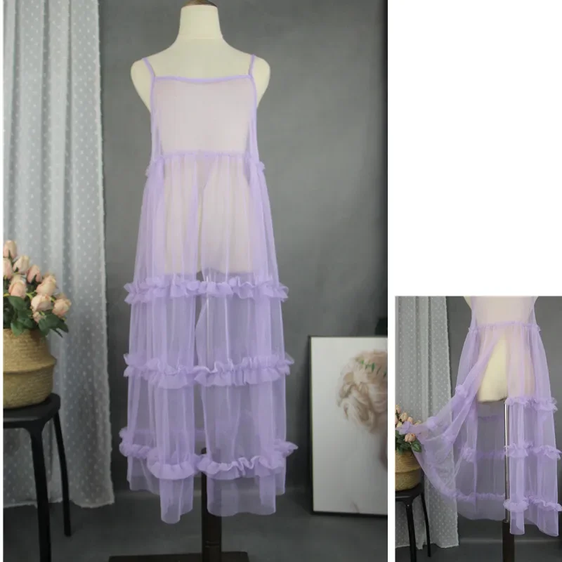 Japanese Sweet Purple Mesh Transparent Cover Up Dress for Women, Spaghetti Forking Lace, Fluffy Personalized Dresses, Summer