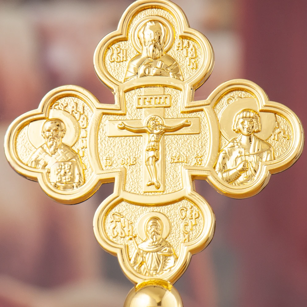 HTISOK Exquisite Jerusalem Pilgrim Cross Gold Religious Pendant with Red Gemstone Christian Symbol