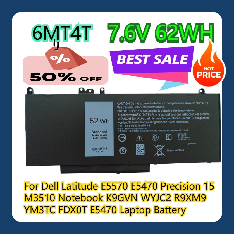 

For Dell Latitude E5570 E5470 Precision 15 M3510 Notebook K9GVN WYJC2 R9XM9 YM3TC FDX0T 7.6V 62WH E5470 6MT4TLaptop Battery