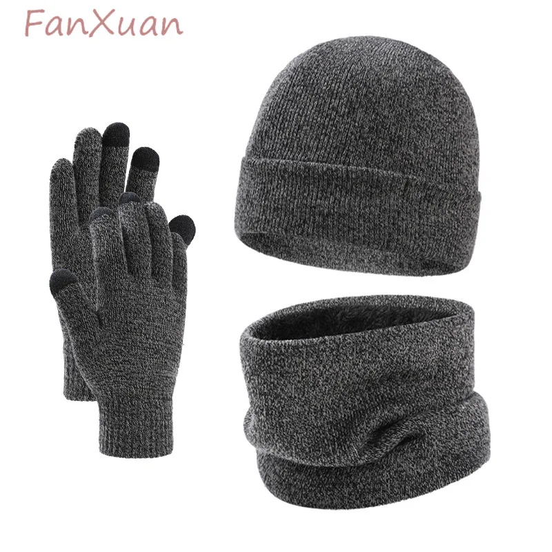 3pcs Winter Hat Snood Glove Sets for Women Men Beanies Double Layer Thick Knit Bonnets Fleece-lined Winter Cap Sets