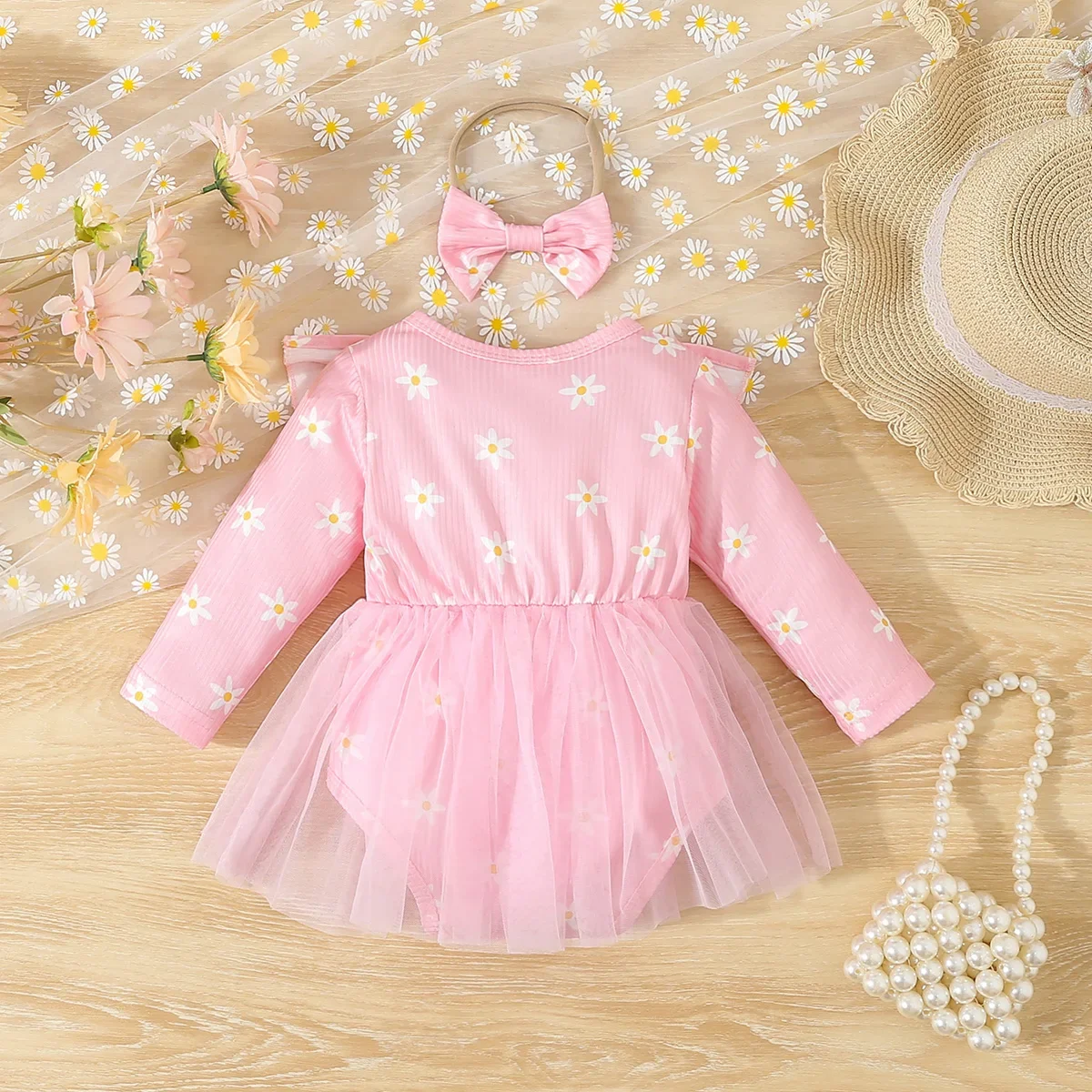 Newborn Baby Girl Bodysuit with Mesh Skirt+Headband 2PCS Suit Floral Long Sleeve Baby Onesie Infant Jumpsuit for 0-18 Months