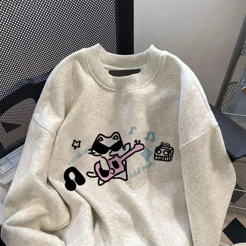 Round Neck Pure Cotton Sweater for Men and Women Street Style Couple Loose and Versatile Plush Top Autumn and Winter Pullover