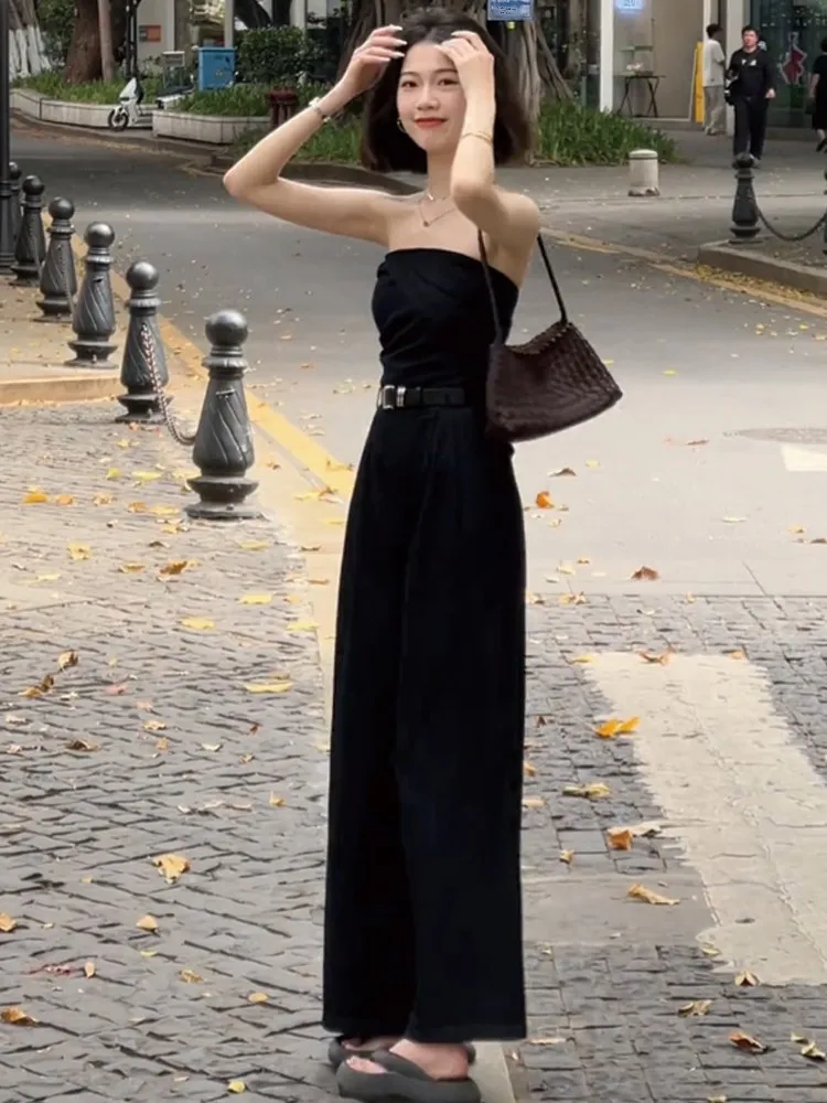 여름 섹시 핫걸 오프숄더 튜브탑과 하이웨이스트 와이드 레그 팬츠 세트 여성 패션 슈트 롱 팬츠 하이웨이스트