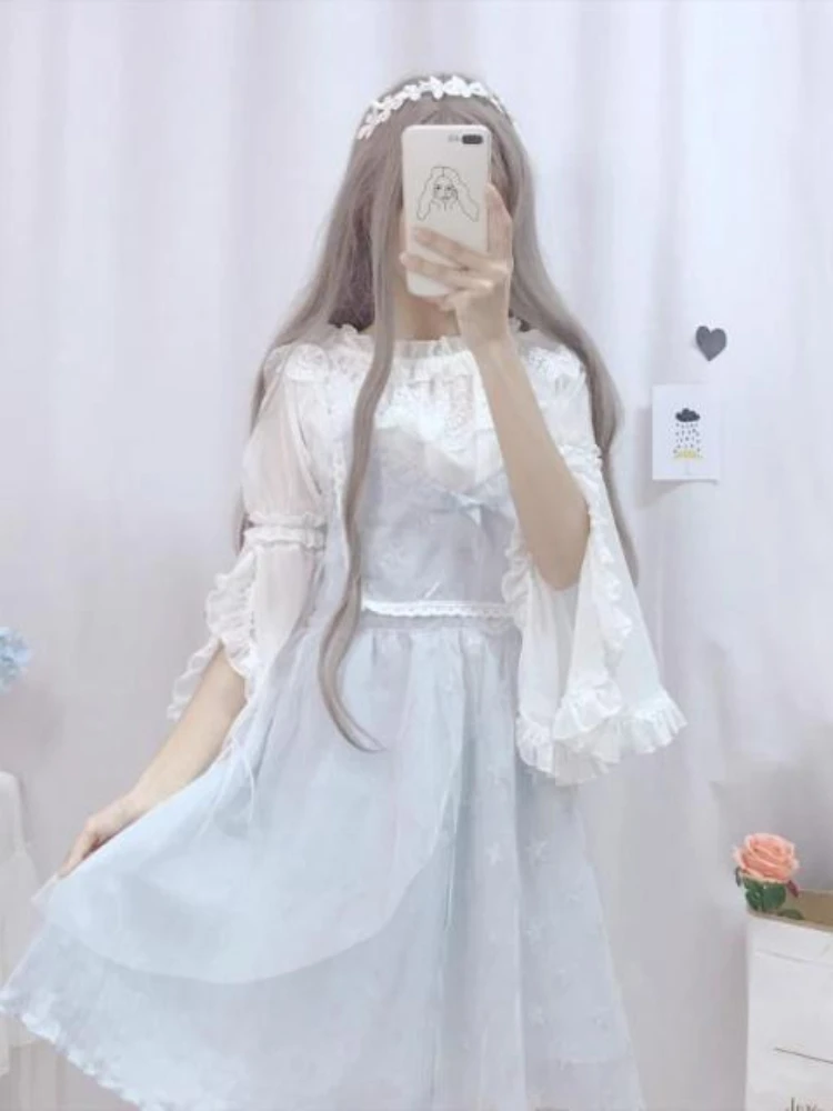 KOSAHIKI Kawaii Lace Shirt Lolita Blouses Women Split Flare Sleeve 2024 Japanese Chiffon Blusas Preppy Style Cosplay Cute Tops