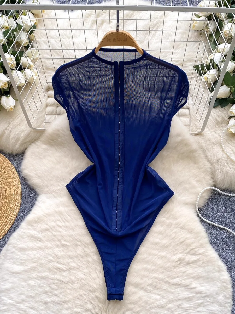 Foamlina Sommer Neue Durchsichtig Hot Mädchen Mesh Strampler Top Europäischen Ins Sexy Einreiher Slim Fit Kurzarm Body