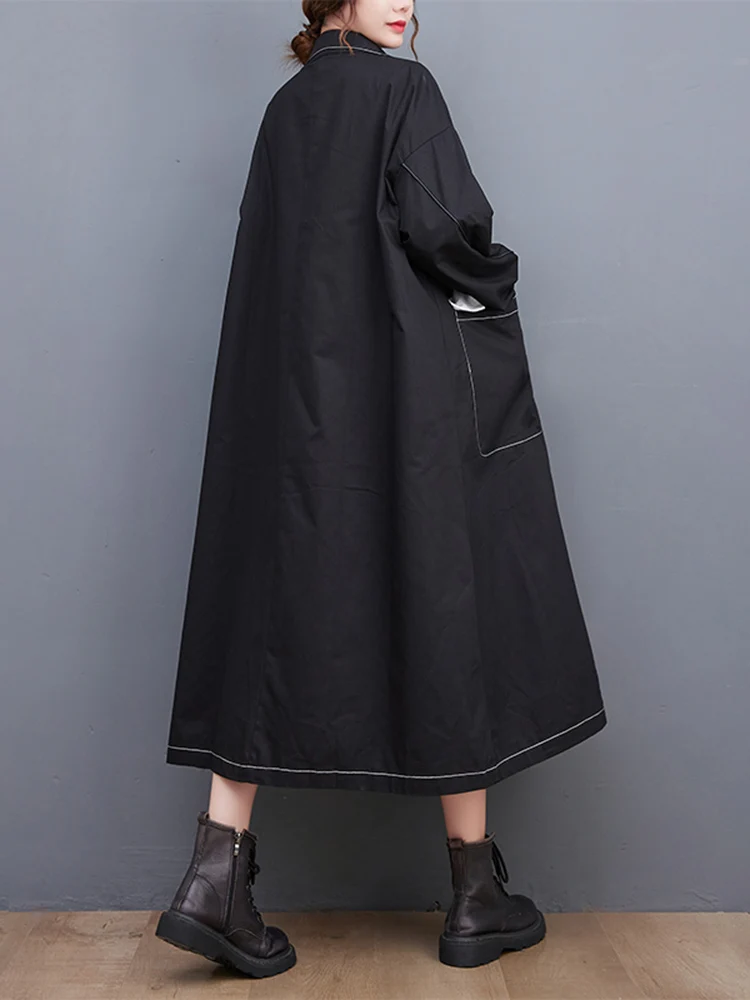 2024 Spring Autumn New Black Vintage Oversized Long Trench Coat For Women Clothes Pocket Fashion Casual Loose Outerwear Cardigan