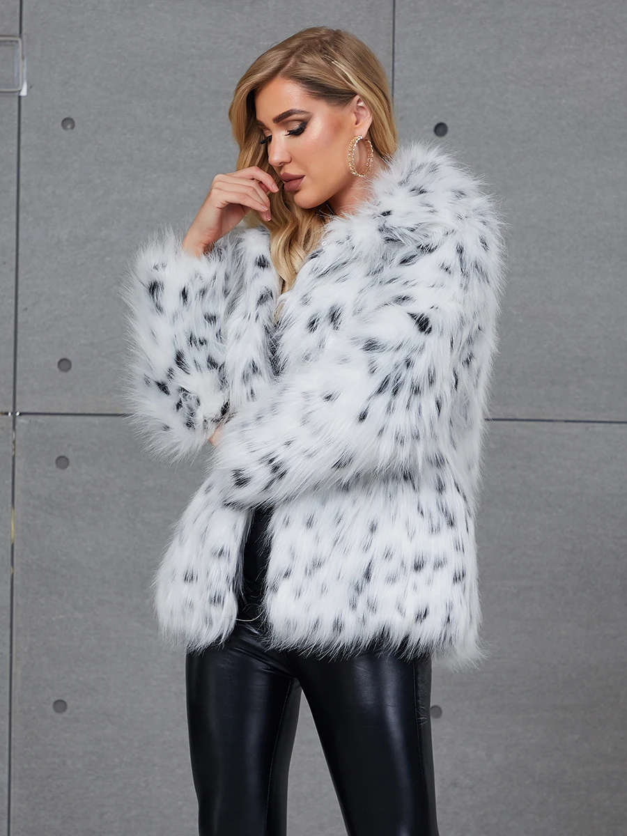 Women's Fashion Faux Fur Coat Casual Comfort Women's Black And White Leopard Point Autumn/Winter Warm Lapel Jacket
