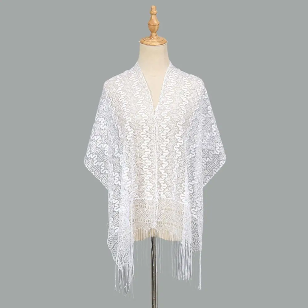 Women's Fashion Ethnic Style Tulle Headscarf Hollow-out Striped Tassel Shawl Elegant Lace Scarf Evening Prom Party