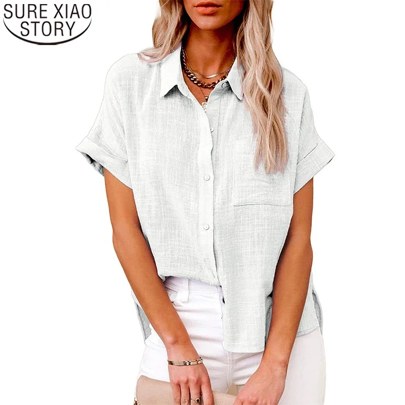 

Cotton Linen Shirt Summer Ladies Oose Womens Blouse Solid Short Sleeve Women Tops Casual Button Up Shirts Blusas Mujer New 22281