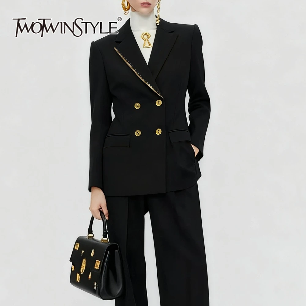 

TWOTWINSTYLE Fashion Two Piece Sets for Women Lapel Long Sleeves Spliced Buttons Blazer High Neck Sleeveless T Shirt Set Female