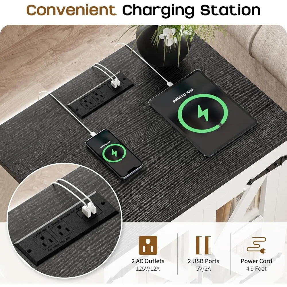 طاولة جانبية للتخزين الريفي، طاولة نهاية رف قابلة للتعديل، منضدة واسعة، منضدة خشبية مع محطة شحن #3