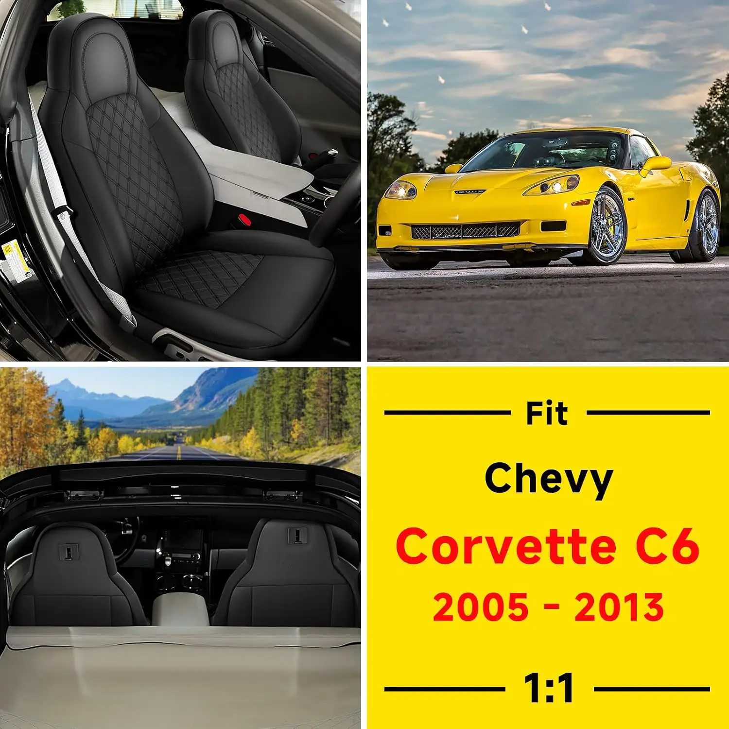 Front Car Seat Covers Customized Fit 2005-2013 Chevy Chevrolet Corvette C6 Standard Seats, Leather, Black