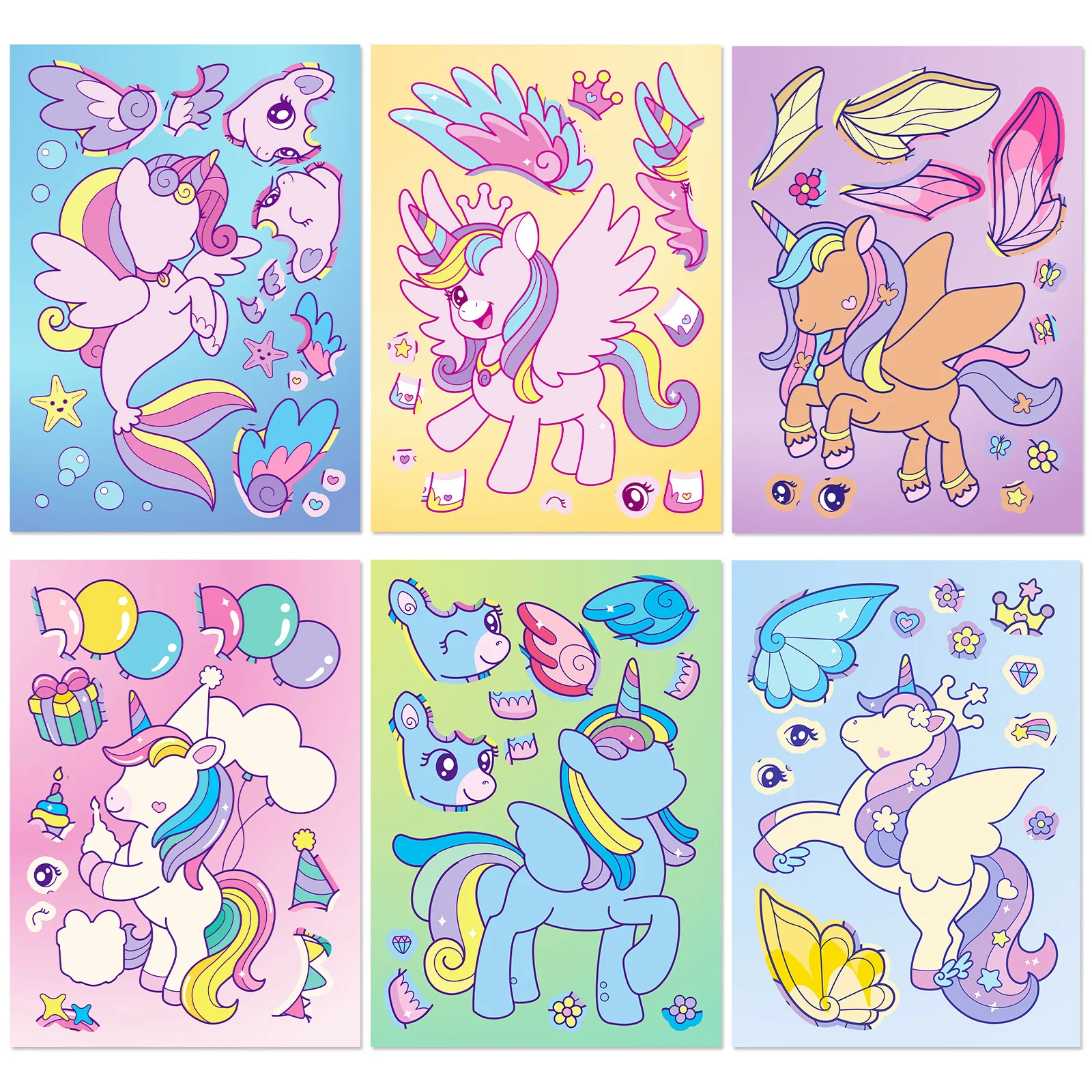 18Sheets Unicorn Sticker DIY Make A Face Stickers Cartoon Kids Gift Flying Unicorn Assembly Stickers Boys Girls Party Gifts